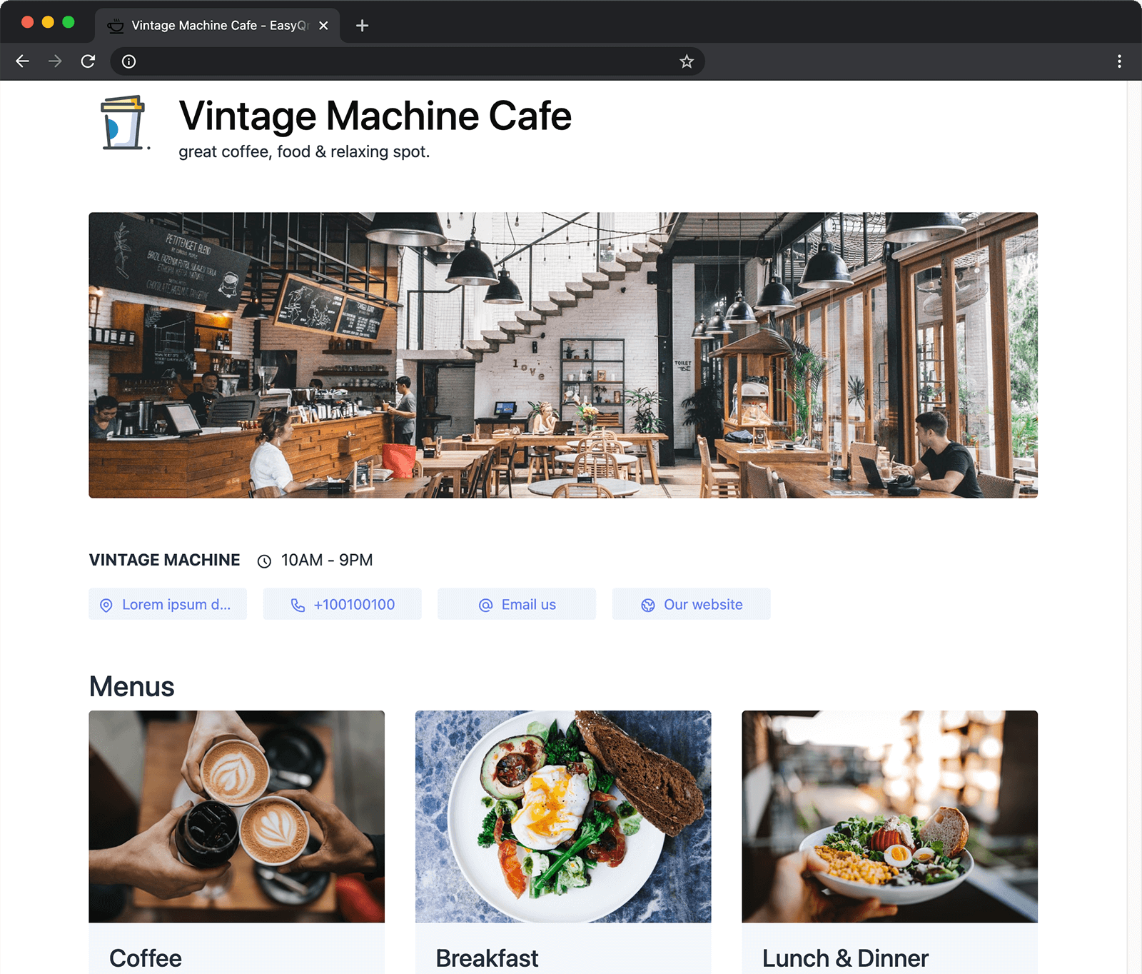 Screenshot of a sample loja page in desktop view